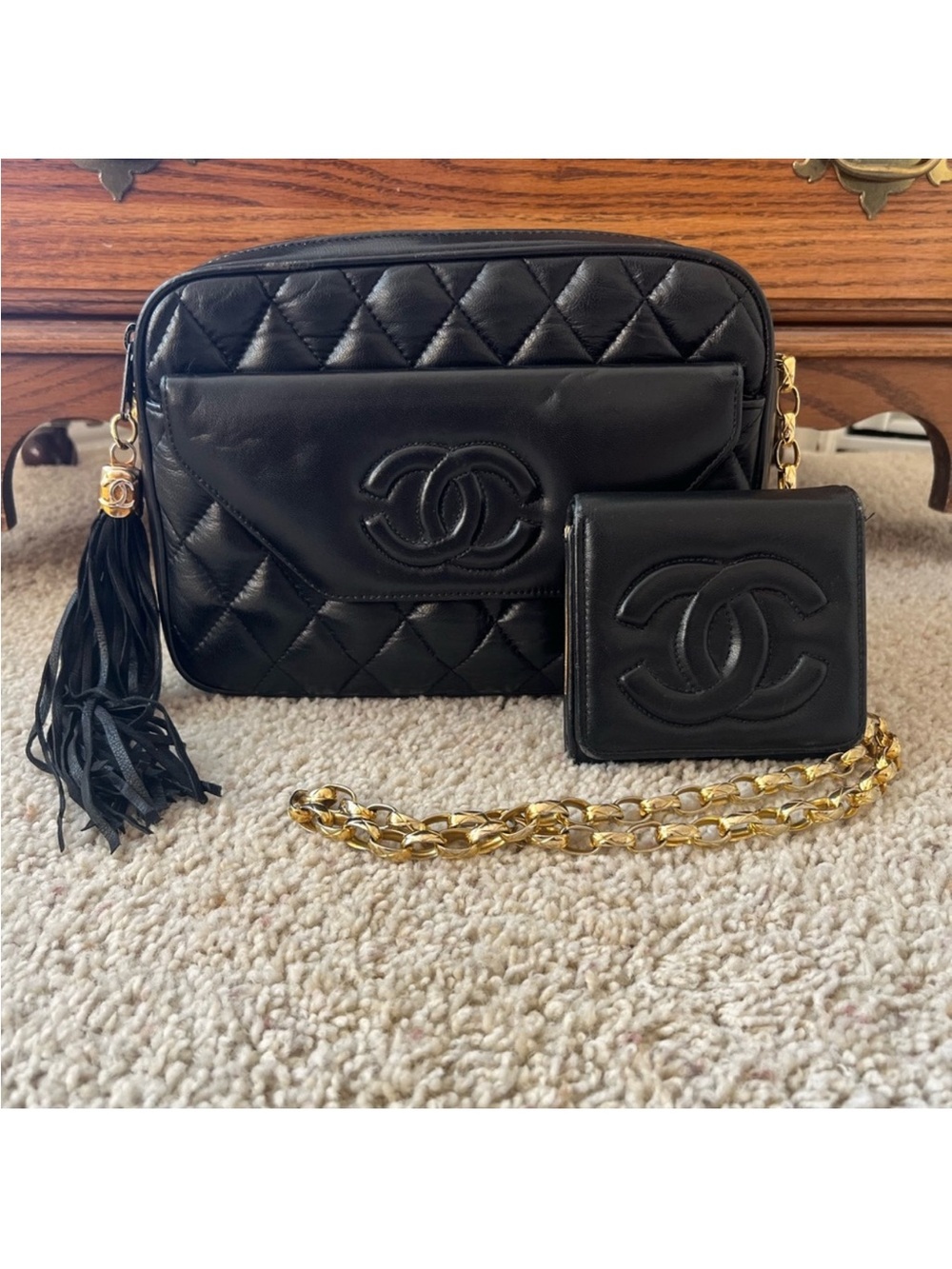 Black Quilted Lambskin Crossbody with Tassel & Wallet